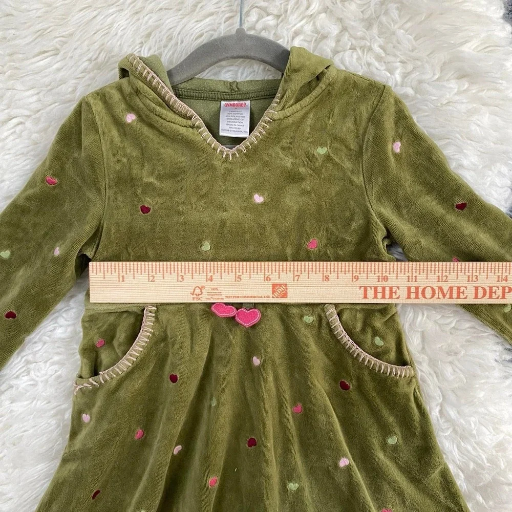 GYMBOREE KIDS GREEN EMBROIDERED HEARTS LONG SLEEVE DRESS HOODED